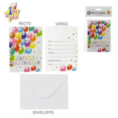 Cartes invitation anniversaire enveloppes lot de 6